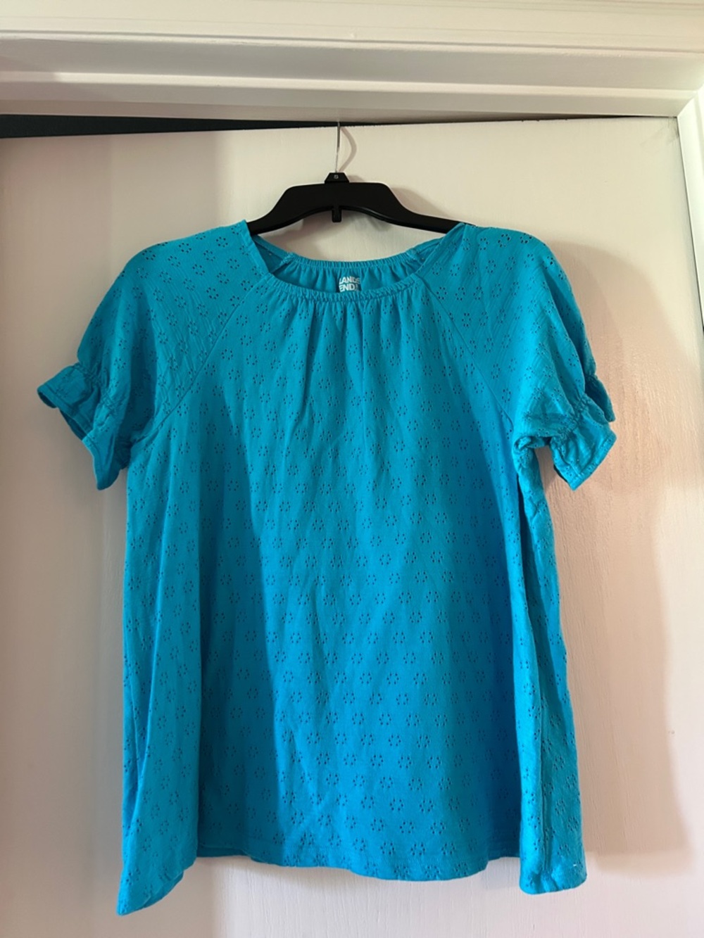 Lands' End Turquoise Eyelet Short Sleeve Blouse